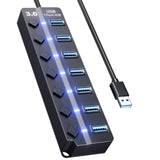 Usb Hub 3.0, 7 Port Usb Hub With Led Individual On/Off Switches And Extended L