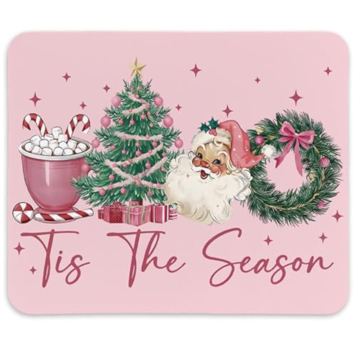 Pink Christmas Mouse Pad Desk Decor,Pine Tree Decor Mouse Pad Farmhouse Christmas Desk Decorations,Winter Holiday Sant Xmas Decorations For Laptop Gaming Non-Slip Rubber Base,9.5X7.9 In
