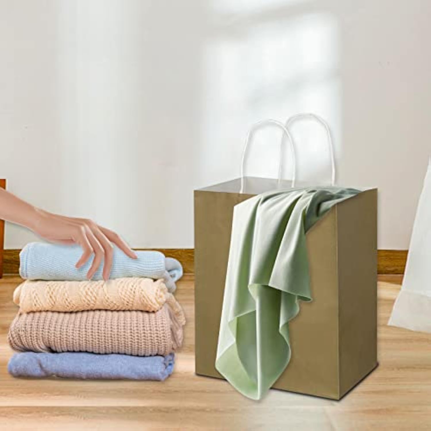 50 Pack 8X4.75X10 Inch Medium Gold Kraft Paper Bags With Handles Bulk, Gift Wrap Bags For Favors Grocery Retail Party Birthday Shopping Business Goody Craft Merchandise Take Out Sacks