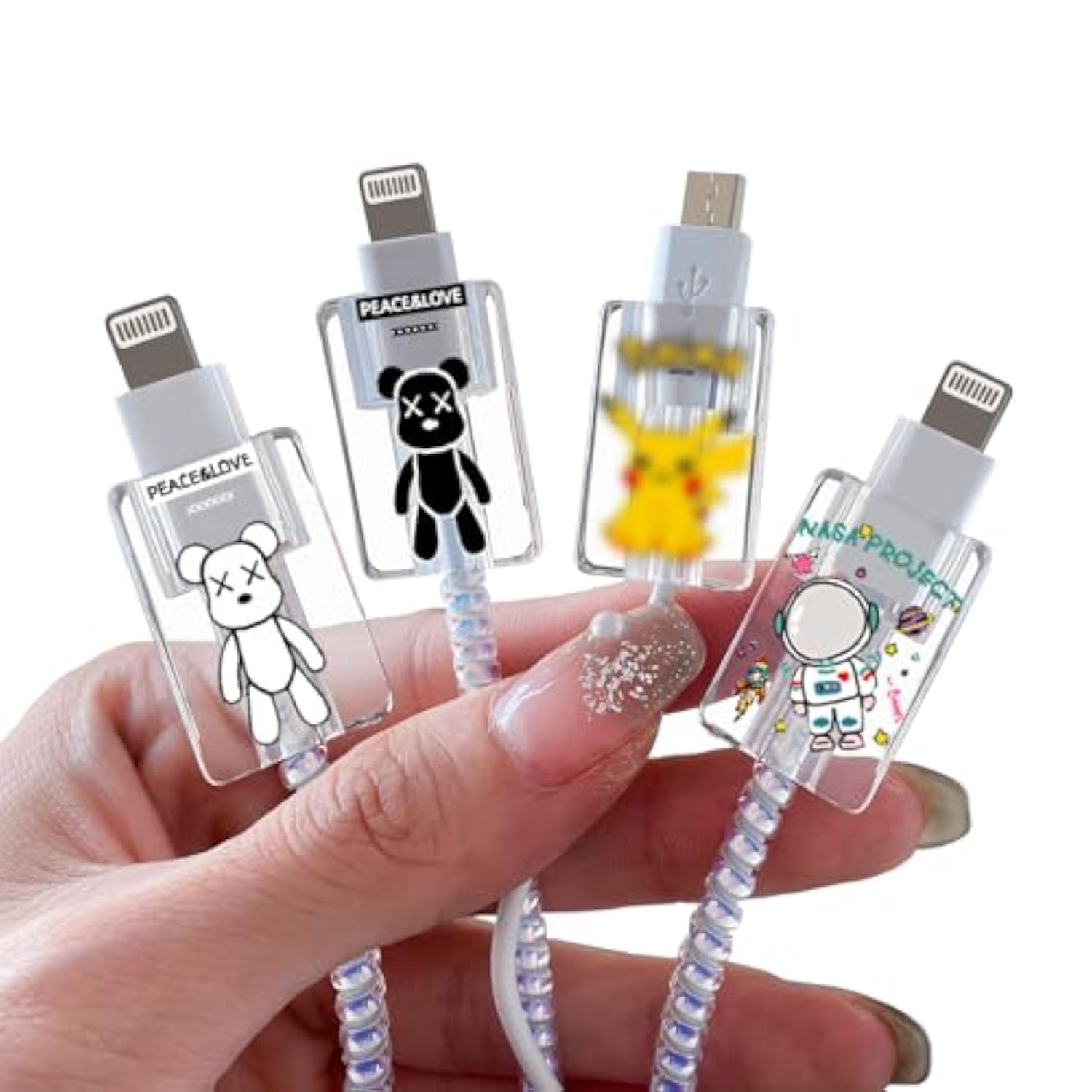 Cute Cable Protector For Iphone Charger,Kawaii Astronaut,Teddy Bear Anime Lovely Pattern 4 Pcs Usb Cable Protector For Girls Boys,Charging Cord Protector,Usb Charger Saver (Lightning Cable)