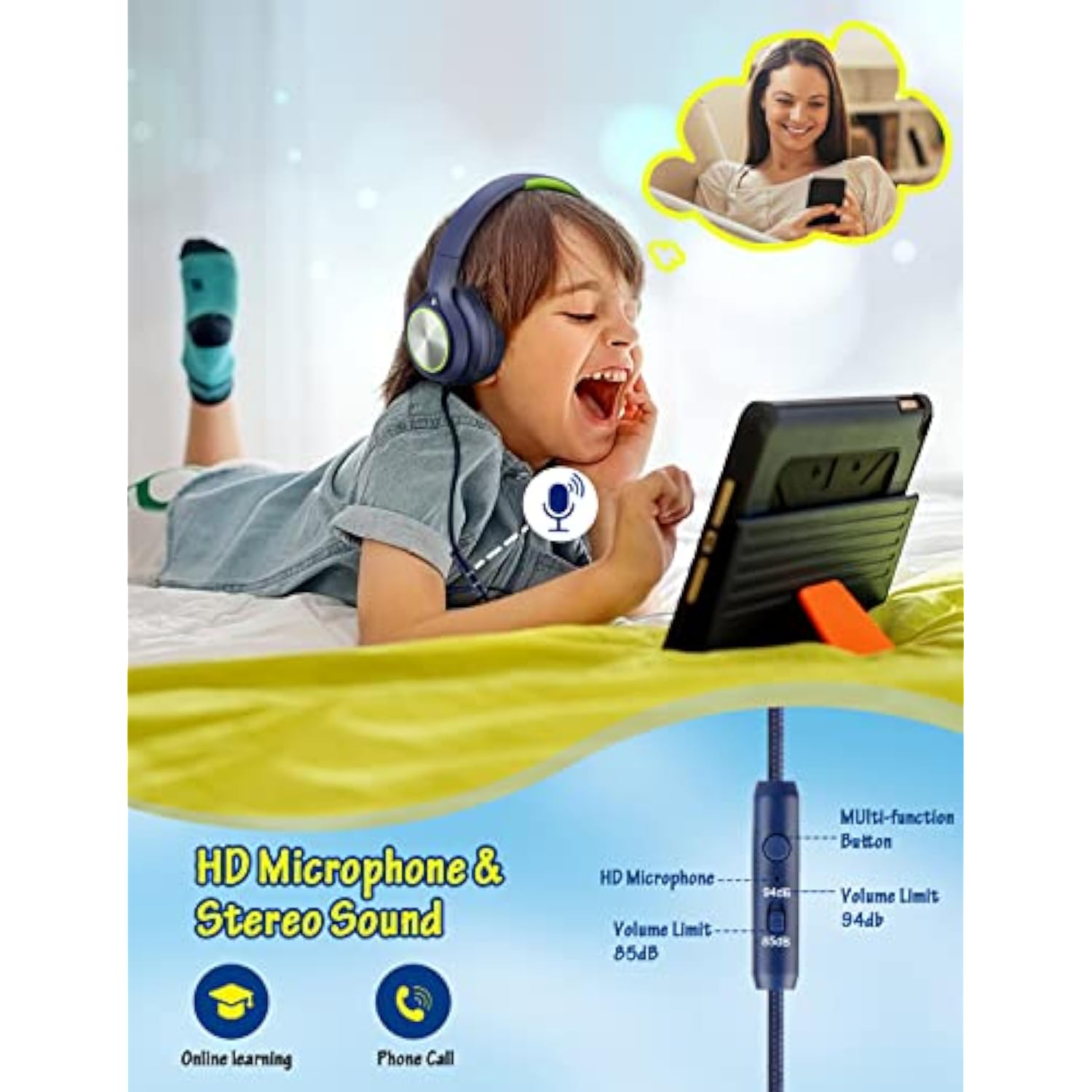 Kids Wired Headphones with Mic, 85dB/94dB Volume Limit, for School/Travel