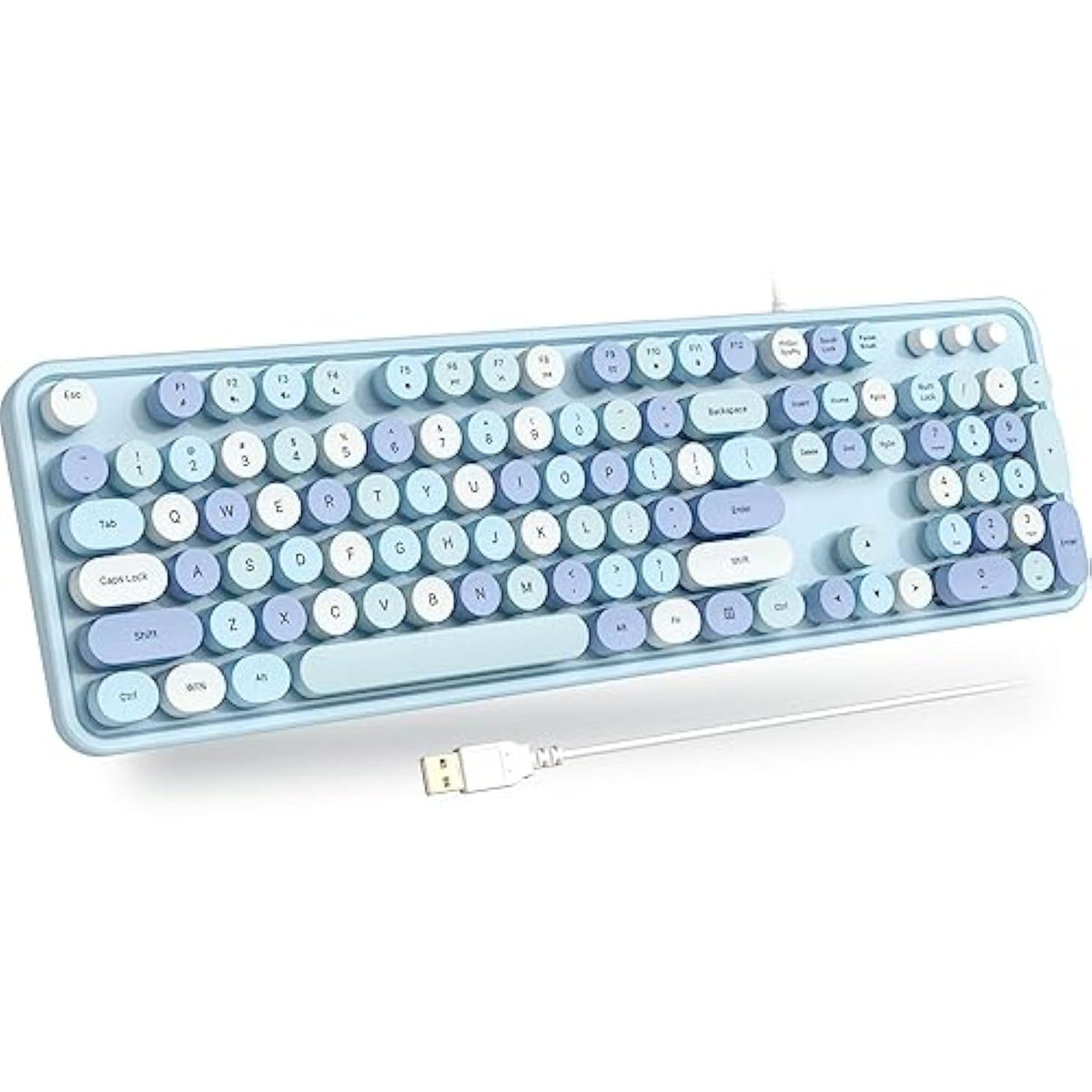 Computer Wired Usb Keyboard - Blue Full-Size Round Keycaps Retro Typewriter Ke