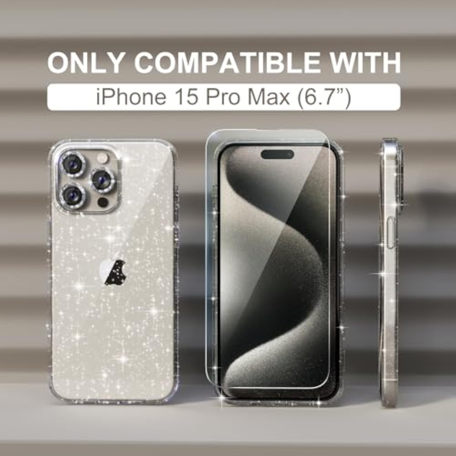 Compatible For 15 Pro Max Case, Women Cute Clear Glitter Bling Sparkly Case, [3 X Diamond Camera Lens Protectors] [2 X Tempered Glass Screen Protectors] 6.7-Inch (Glitter Clear)