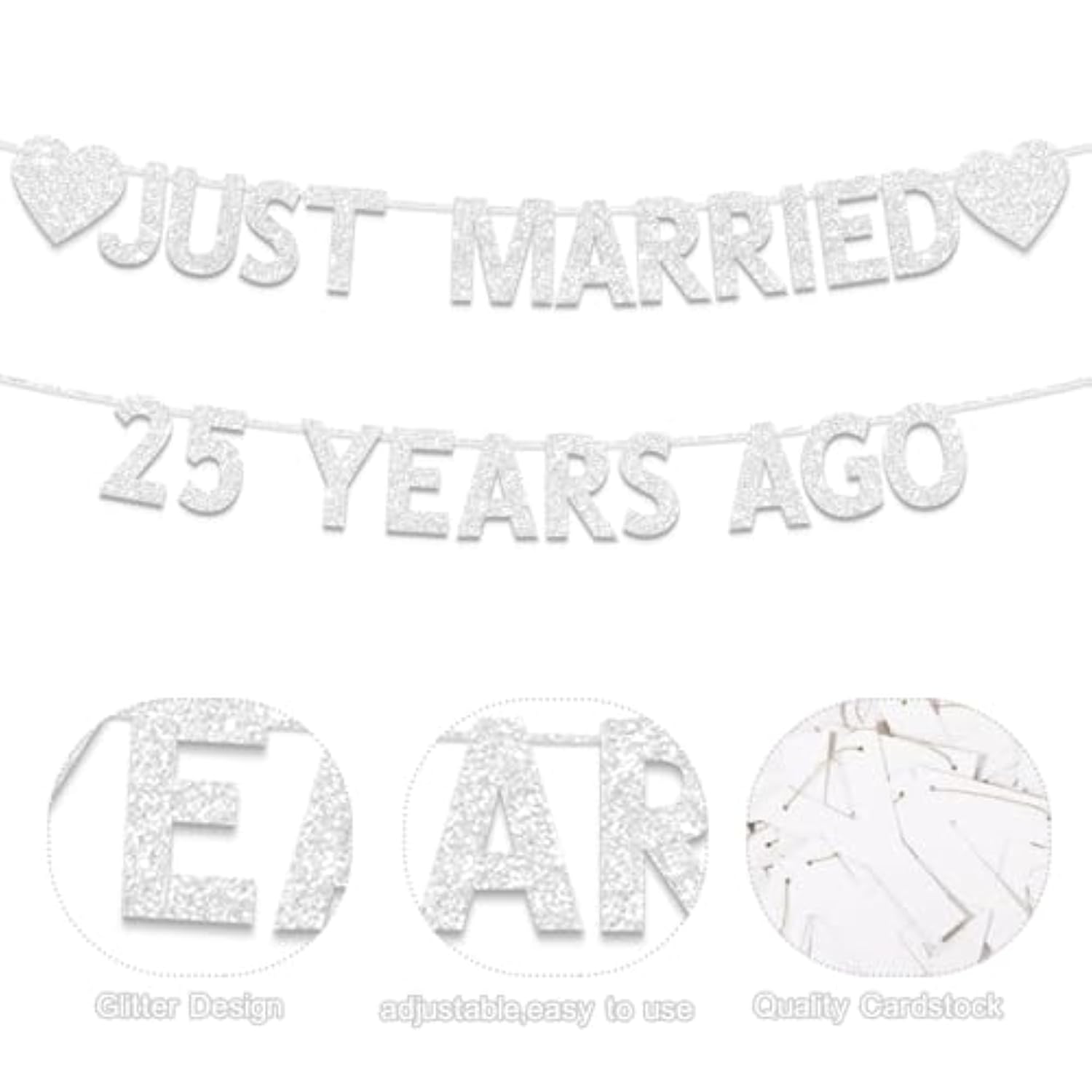 25th Wedding Anniversary Banner, Silver Glitter Just Married 25 Years Ago Decor