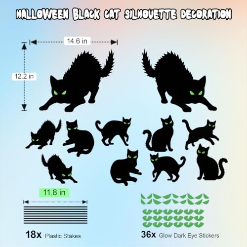 Halloween Decorations Outdoor - 9 Pack Corrugated Plastic Black Cat Decor with Stakes, Glow In The Dark Eyes Scary Silhouette Waterproof Durable Yard Signs for Garden Graveyard Party Lawn (37x31cm)