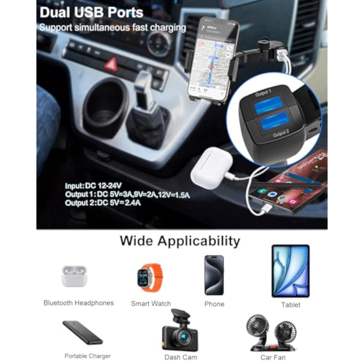 Cigarette Lighter Phone Holder Car Mount Charger [Dual Usb Fast Charging] Car Cigarette Lighter Socket Phone Mount With Adjustable Arm, Car Phone Holder Charger For Iphone 16 Pro, Galaxy S24