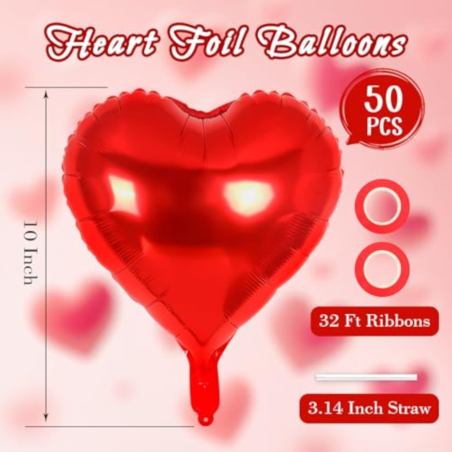 50 Pcs Red Heart Balloons,10 Inch Heart Shape Foil Balloons Love Balloon Valentine Balloon For Birthday Party Wedding Engagement Party Baby Shower Valentine Day Decorations (Red)