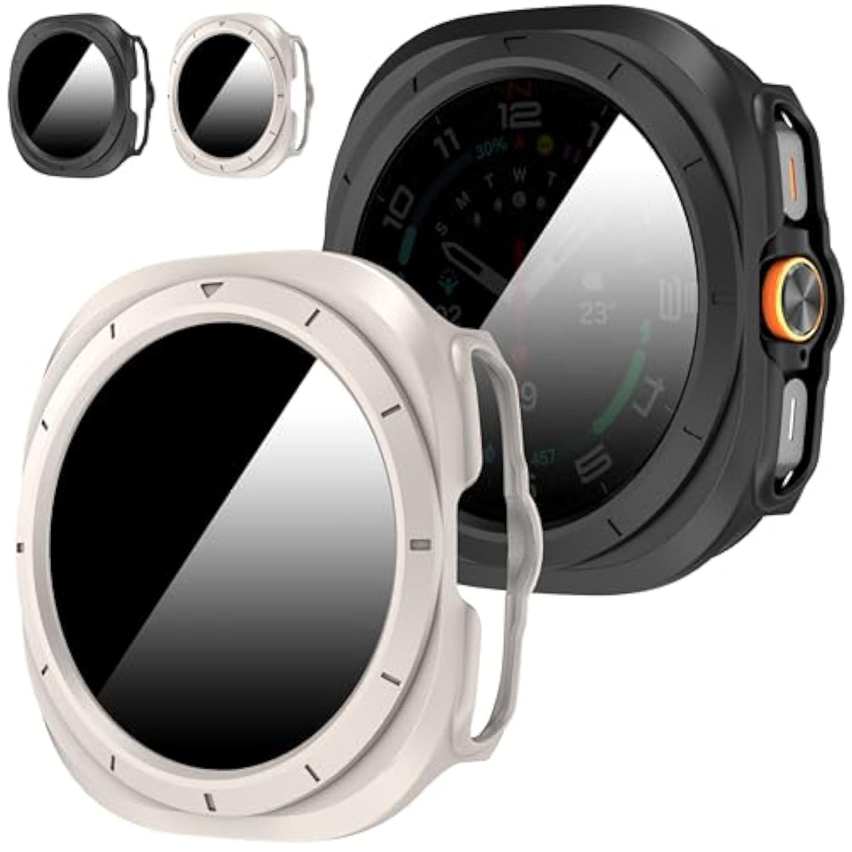 2-Pack For Samsung Galaxy Watch 7/8 Ultra 47Mm (2024/2025) Case, [Anti-Peeping] Tempered Glass Privacy Screen Protector, All-Round Pc Matte Protective Cover Bumper -Black+Starlight