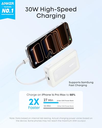 Anker Portable Charger, 10,000mAh 30W Power Bank, USB-C in and Out Fast Charging Battery Pack, Travel Essential Phone Power Bank, for iPhone 17/16,
