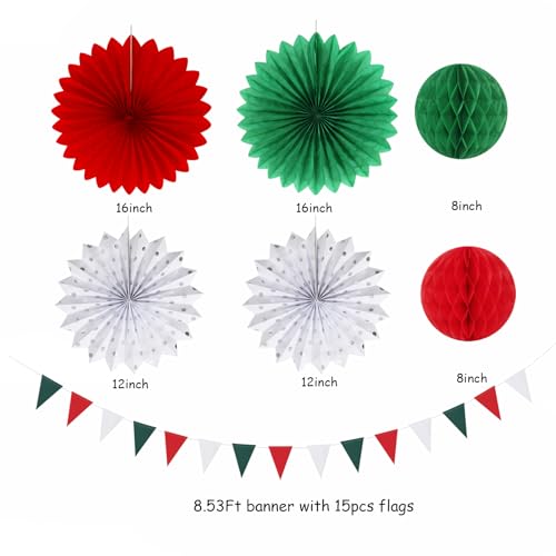 Red Green-White Christmas Party Decorations - 20pcs Mexican Italian Paper Lanterns Fans,Tissue Pom Poms,Honeycomb Balls,Bunting,Birthday Mexico Italy Baby Shower Wedding Decor