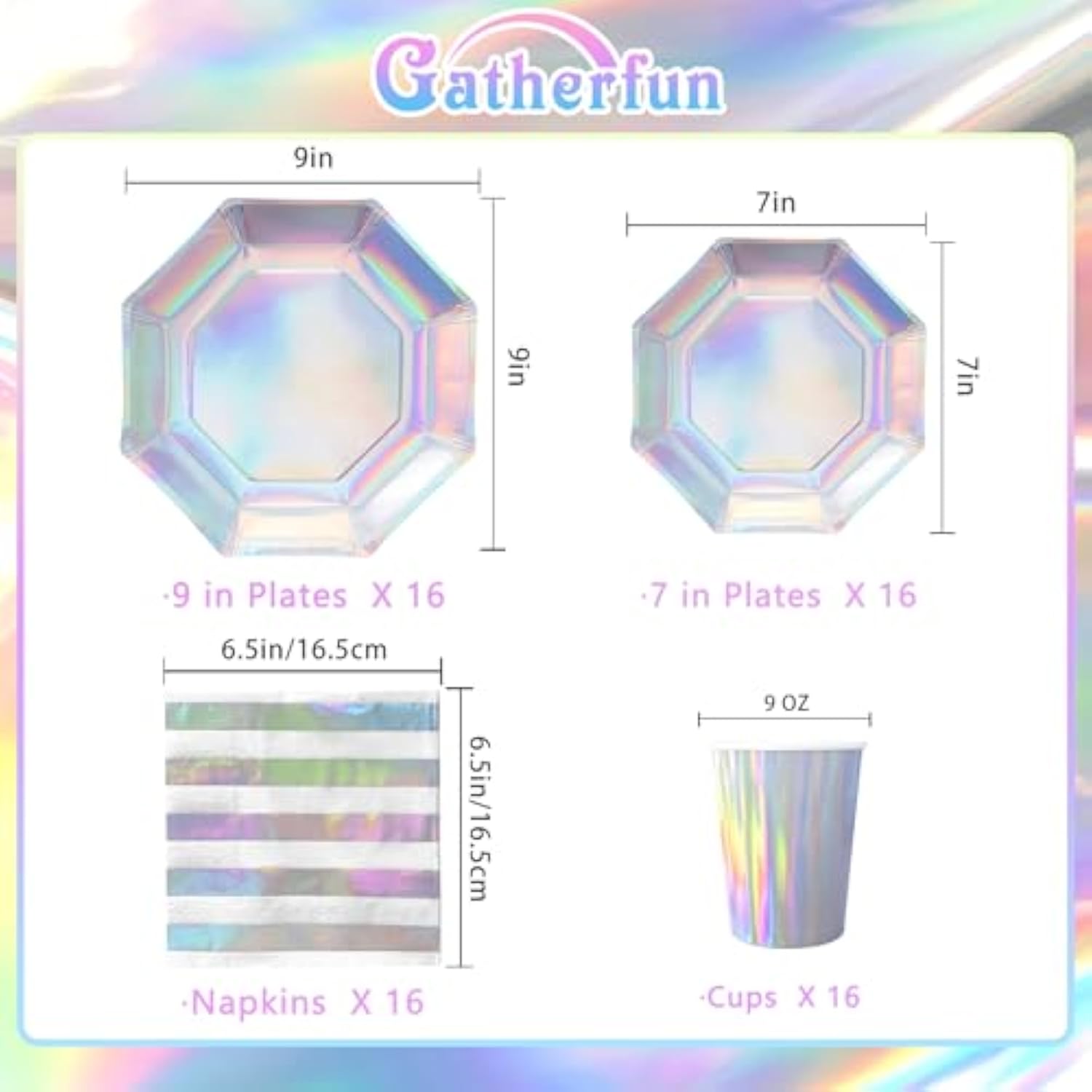 Iridescent Party Supplies - Disposable Paper Plates, Cups And Napkins, Ideal For Birthday, Mermaid Themed Events & Birthday Or Wedding Party Decoration - Serves 16