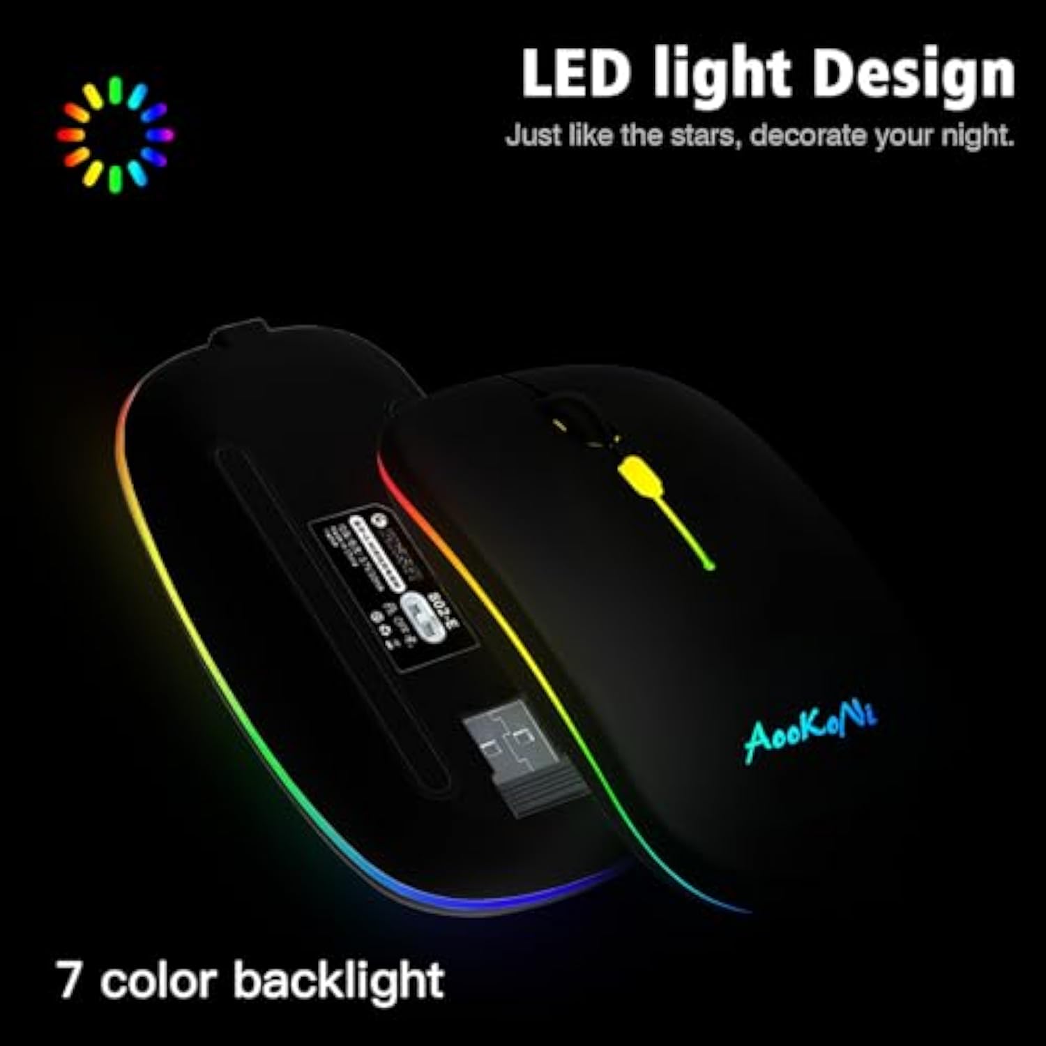 Wireless Bluetooth Mouse, Dual Mode(Bluetooth 5.2 And 2.4G) Usb Optical Mouse, Led Slim, Rechargeable (Type C Charging Port, Black) For Laptop, Pc, Mac Os, Android, Windows