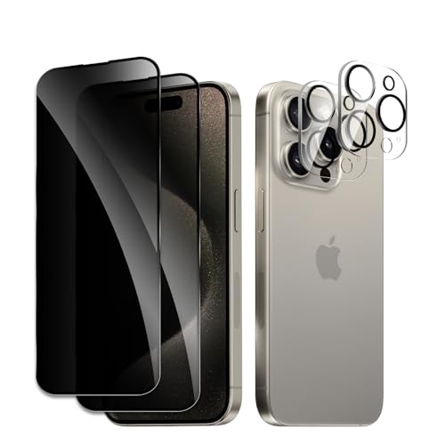 [2+2 Pack] Privacy Screen Protector for iPhone 15 Pro, Anti-Spy Shatterproof Tempered Glass with Camera Lens Tempered Glass 9H Hardness Bubble Free