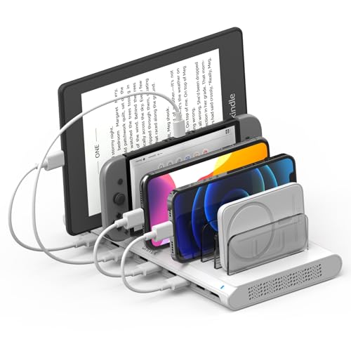 Charging Station for Multiple Devices, 10-Port USB Charger with SmartIC Technology and Adjustable Dividers, Organizer Stand Compatible with iPad,