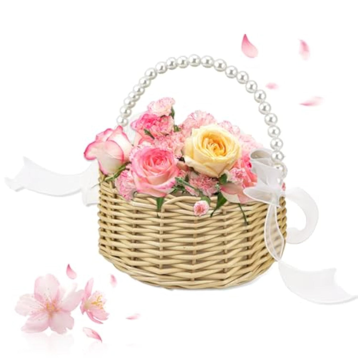 Flower Girl Basket, Wedding Flowers Basket, Large Wicker Flower Girl Basket With Pearl Handle And Ribbon Bow, Handwoven Wicker Flowers Baskets For Outdoor Picnic, Home Wedding Decor, Photo Props