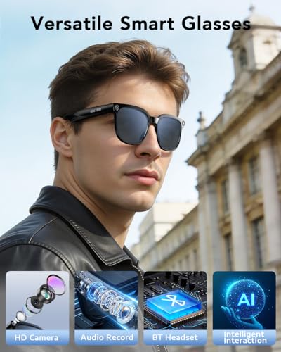 Smart Glasses with Camera, Bluetooth Music & Call, 800W HD Camera Glasses, 1080P Video Recording, Built-in ChatGPT Voice Assistant Control for Men
