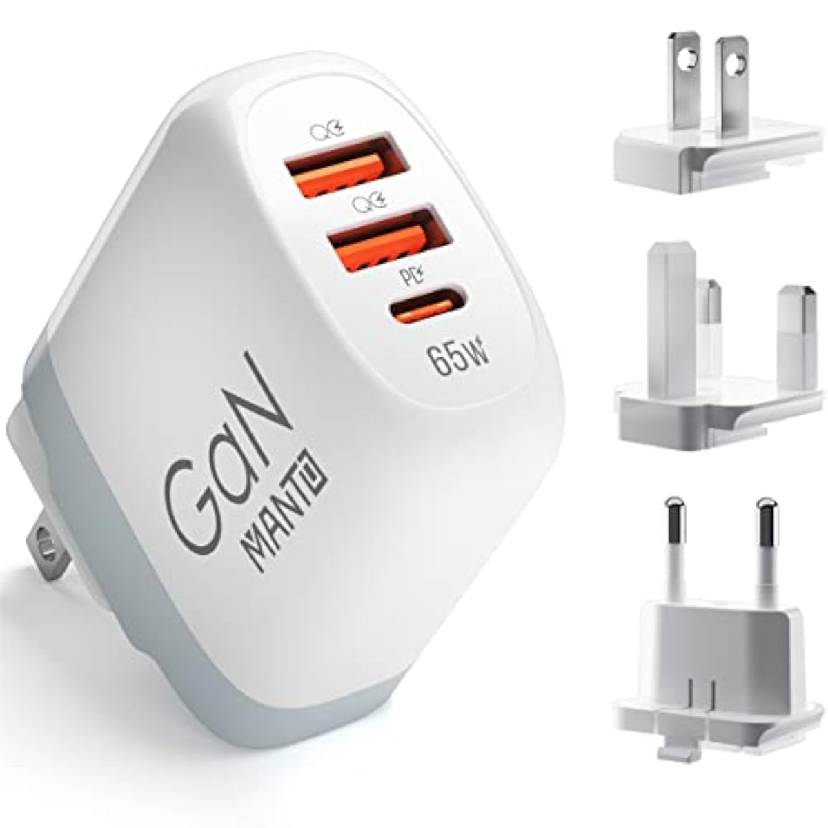 65W Usb C Charger Gan Fast Charger With Interchangeable Us/Uk/Eu Plugs, 3-Port Usb-C Pd & Qc 3.0 Travel Adapter For Macbook Pro, Iphone, Ipad, Galaxy, Dell, Hp, More