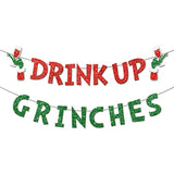 Drink Up Grinches Banner, Glittery Christmas Decorations Banners Winter Holiday Garland Photo Props Banner For Party Home Decorations