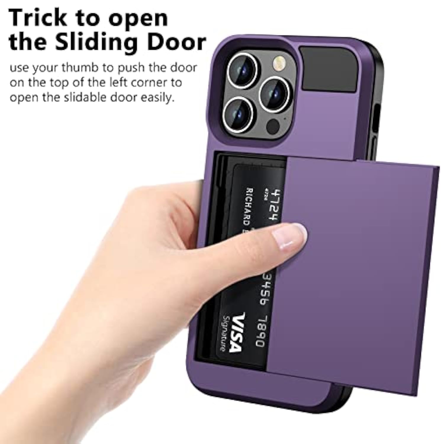 For Iphone 13 Pro Case Wallet Credit Card Holder Id Slot Sliding Door Hidden Pocket Men Women Anti-Scratch Dual Layer Hybrid Bumper Armor Protective Shell Back Cover 6.1 Inch Greypurple