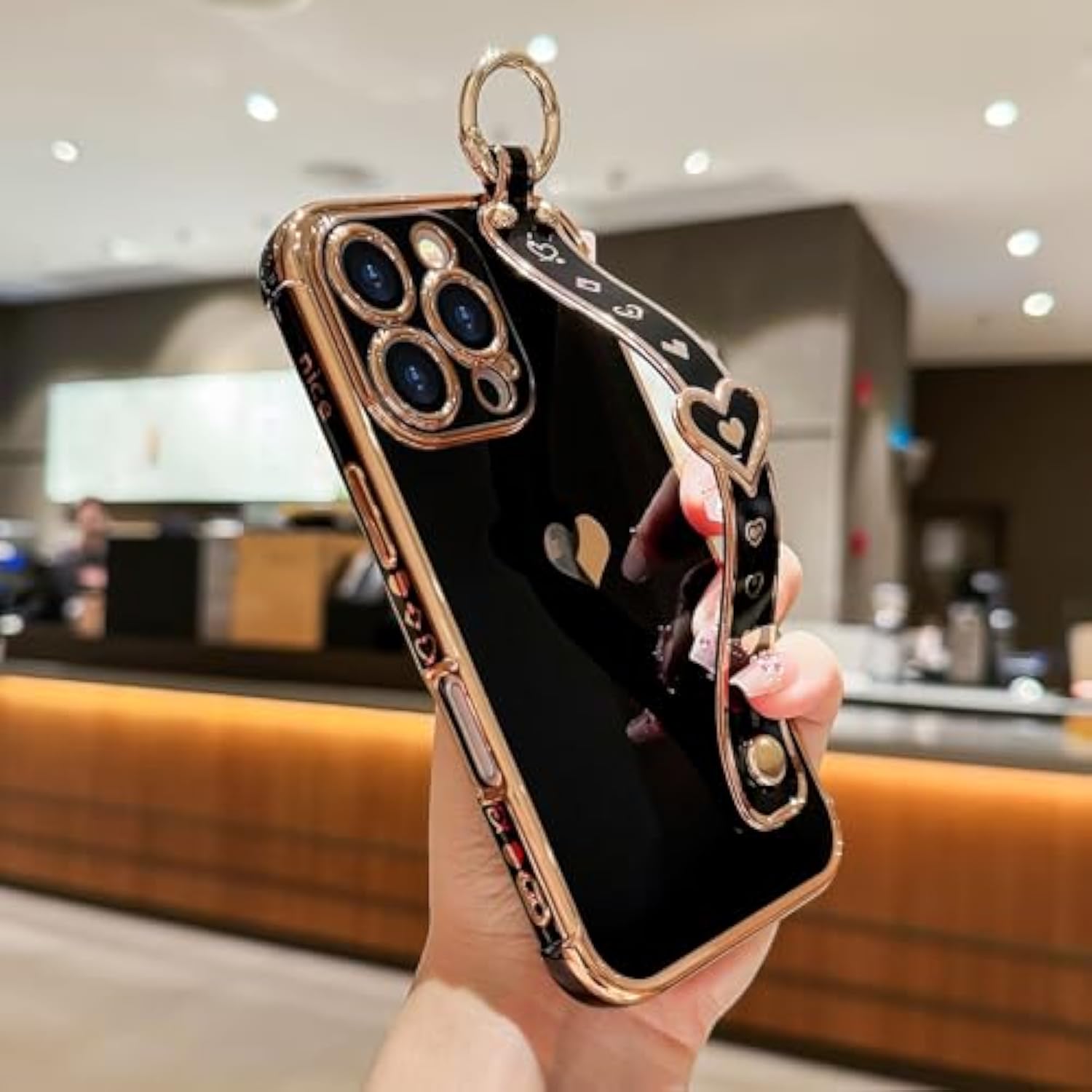 Compatible With Iphone 16 Pro Max Case With Strap For Women Girls [2× Screen Protectors], Cute Love-Hearts, Wristband Kickstand Luxury Plating Edge Protective Phone Case (6.9") - Black