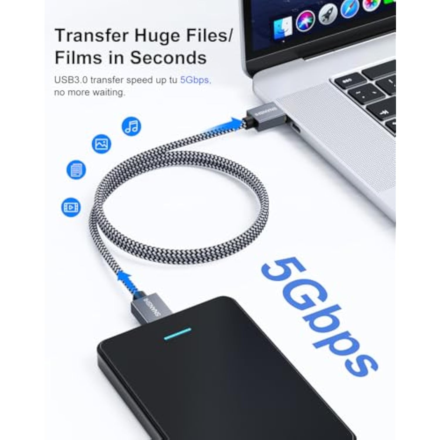 Short Usb To Usb Cable 1.5Ft: Usb3.0 A To A Male, Nylon Braided, Gold-Plated Connectors, Male To Male Cable For Hard Drives, Laptop Coolers, Tvs, Dvd Players, And Charging Devices