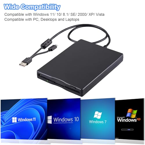 Floppy Disk Reader, 3.5 Inch External Usb & Type-C 1.44Mb Fdd Floppy Disk Drive For Windows 11/10/8/7/2000/Xp, Vista, Pc, Laptop And Desktop, Plug And Play, Black