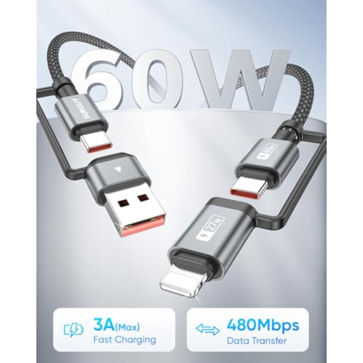 4 In 1 Usb C Charging Cable 2Ft [2 Pack], 60W Multi Charging Cable, Usb-C/A To Lighting/C Cord For Iphone 16/15/14 Pro/Ipad/Macbook/Samsung Galaxy S25/S24/Tablets