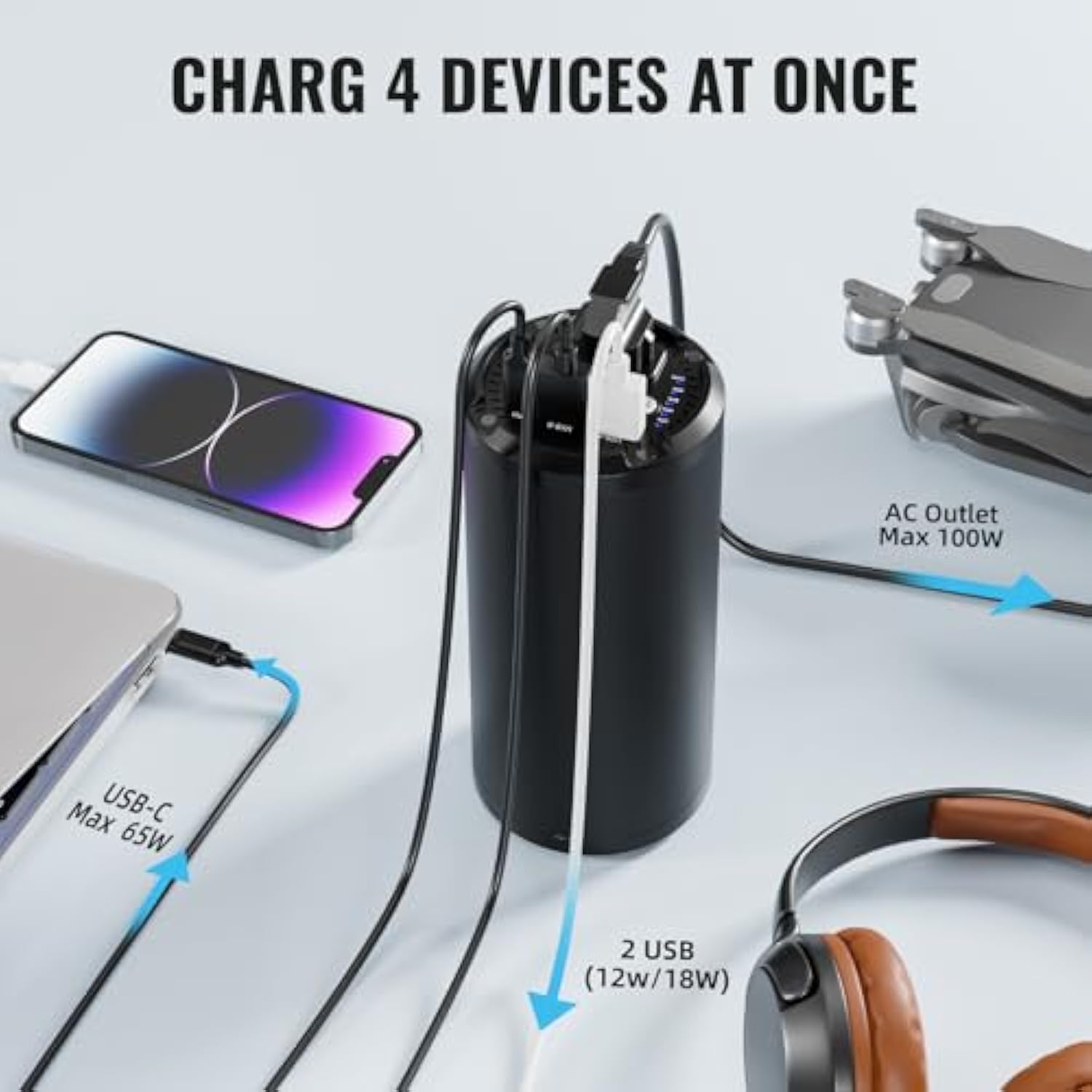 Portable Laptop Charger With Ac Outlet, 98Wh/100W Power Bank 27000Mah External Travel Battery Pack With Led Flashlight For Macbook, Ipad, Dell, Hp, Samsung, Iphone, Switch And More