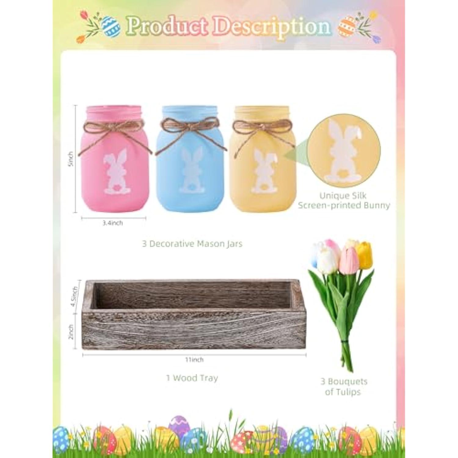 Bunny Mason Jar Spring Easter Table Decor, Centerpieces For Tables With Tulips Artificial Flowers, Farmhouse Wood Tray, 22 Pcs Easter Spring Decorations Indoor For Home Office Table