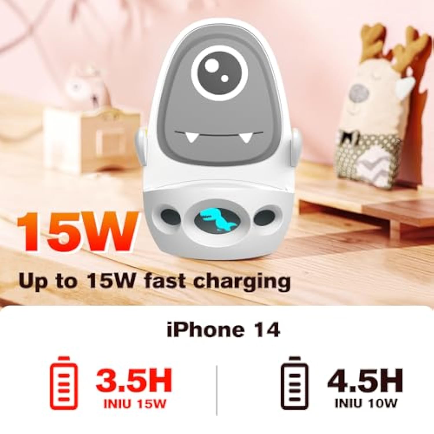 ANNSKIN Wireless Charger Mount 15W Cute Dinosaur Fast Charging Car Phone Holder Stand Silicone Anti-Slip Desk Stand Compatible with iPhone Samsung Android Smart Phones GPS Devices and More