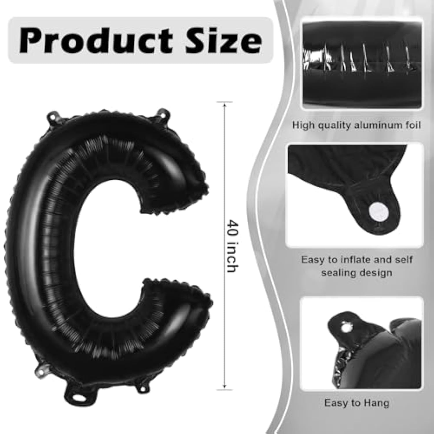 Black Letter C Balloons, 40 Inch Large Foil Letter Balloons, Custom Phrase Balloon For Birthday Party Wedding Anniversary Decoration (Black C)