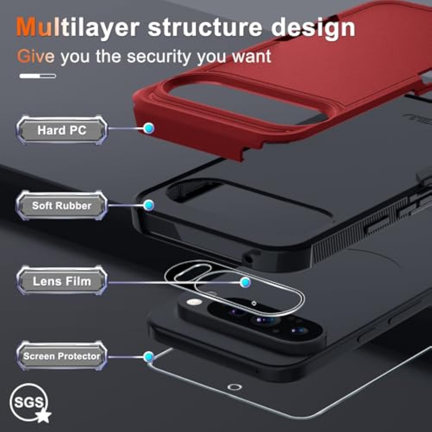 Case For Google Pixel 9/9 Pro, Full Body Heavy Duty Rugged Shockproof Protective Phone Cover With Lanyard Strap, Tempered Glass Screen Protector And Camera Lens Cover, Red