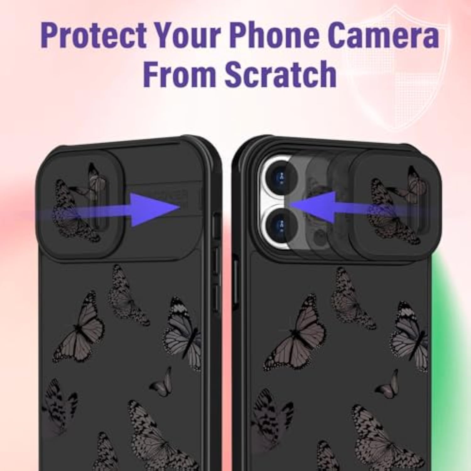 2in1 Phone Case for iPhone 14 Pro Max Women's Butterfly Design Cute Girly Aesthetic Black Butterfly Pattern with Camera Cover for Apple iPhone 14 Pro Max