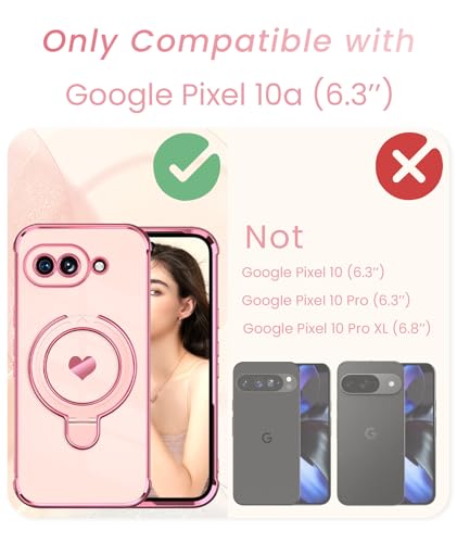 for Google Pixel 10a Cute Love Heart Kickstand Woman Girls Phone Case with Screen Protector: Luxury Plated Gold Edge Slim Soft TPU Full Camera