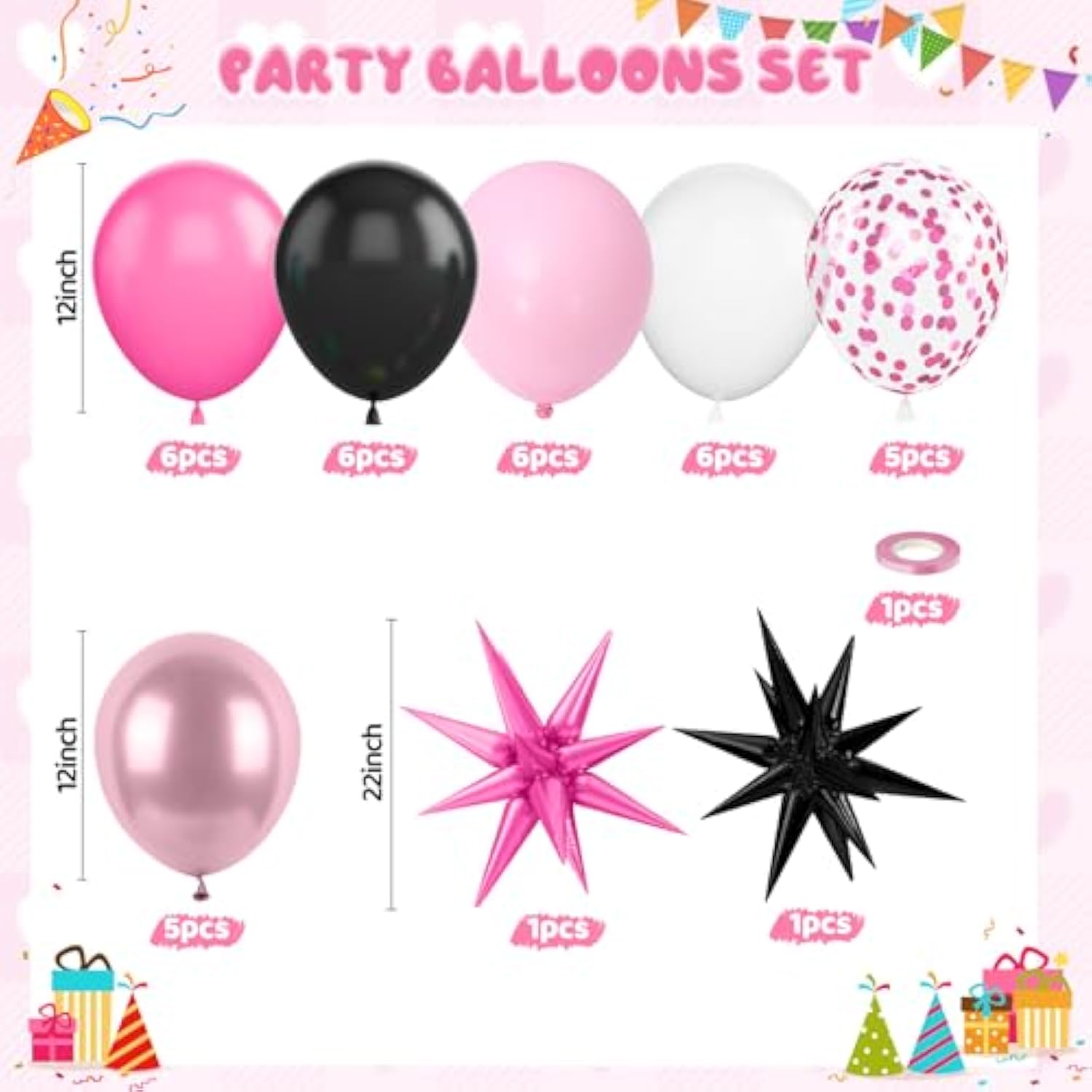 Pink And Black Balloons, 12 Inch Hot Pink And Black Party Decorations With Confetti Metalic Balloon Star Foil Balloons For Mouse Theme Birthday Wedding Bridal Shower Party Decoration