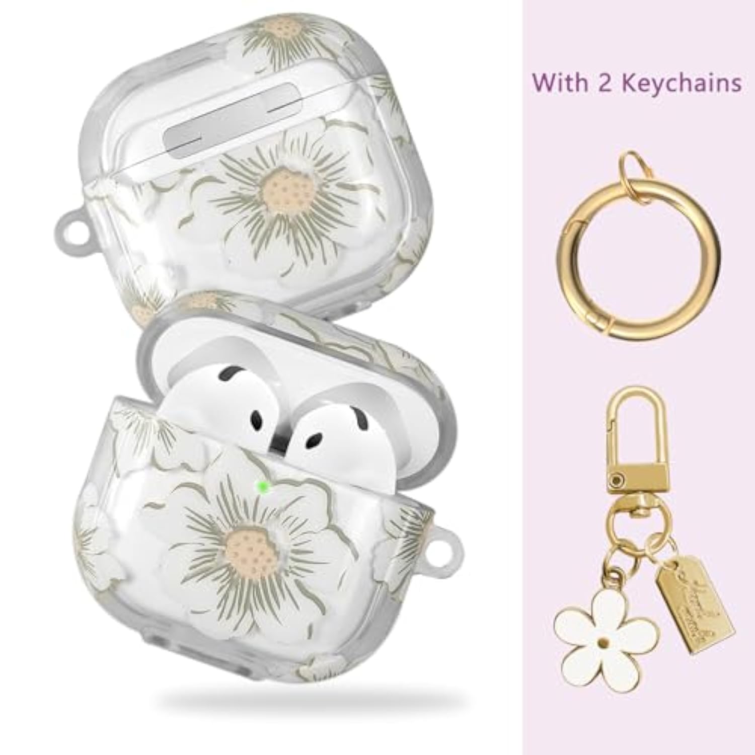 Compatible With Airpods 4 Case Cover 2024, Soft Tpu With Cute Flower Pattern For Airpods 4Th Generation Case With Flower Keychain And Cleaning Kit For Girls Women (White)