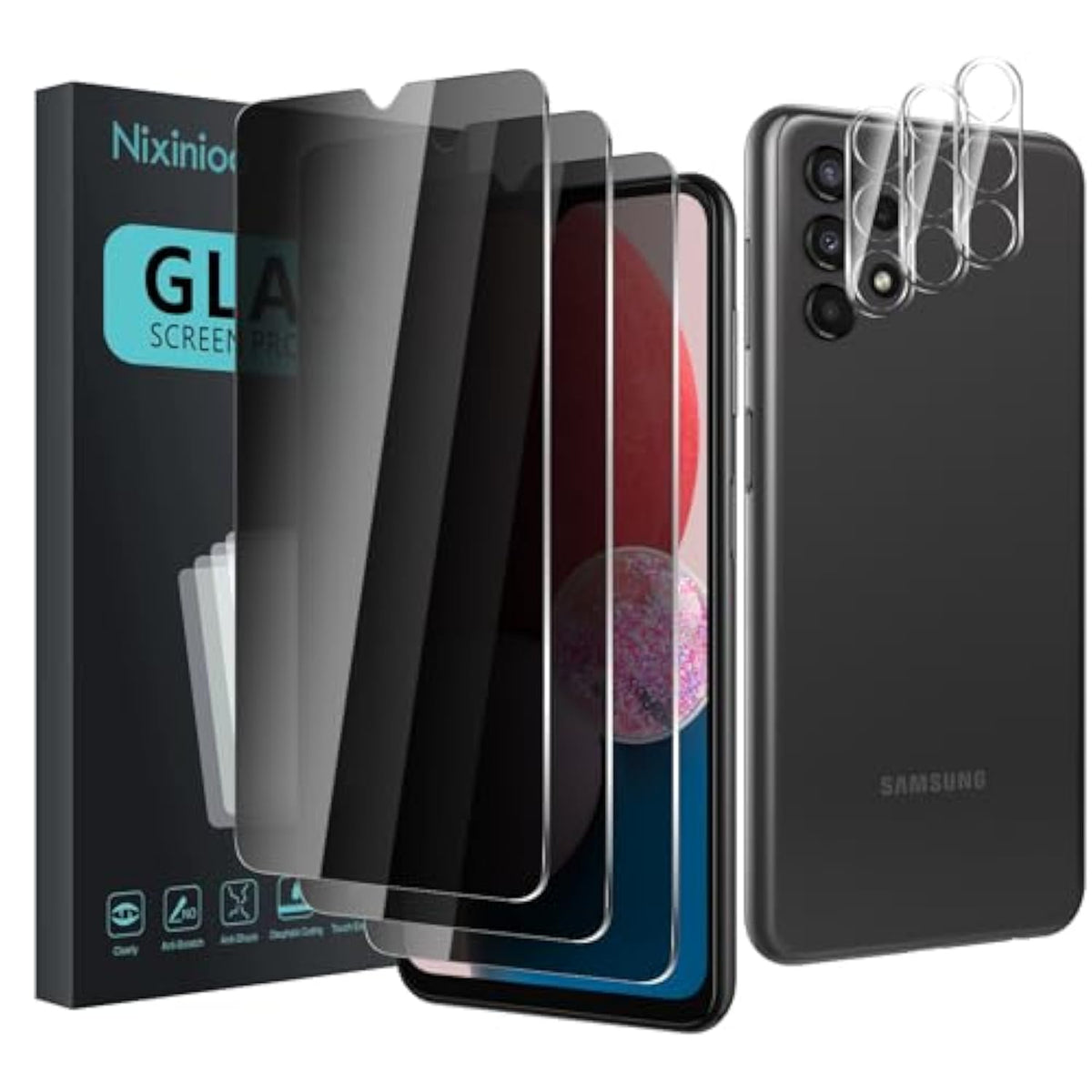 3 Pack Privacy Screen Protector For Samsung Galaxy A13 5G / 4G With 3 Pack Camera Lens Protector, Anti Spy Tempered Glass 9H Hardness, Black Protector Anti Spy, Anti-Scratch, Bubble Free