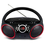 030C Portable Cd Player Boombox With Am Fm Stereo Radio, Aux Line In, Headphone Jack, Supported Ac Or Battery Powered (Black With A Touch Of Red Rims)