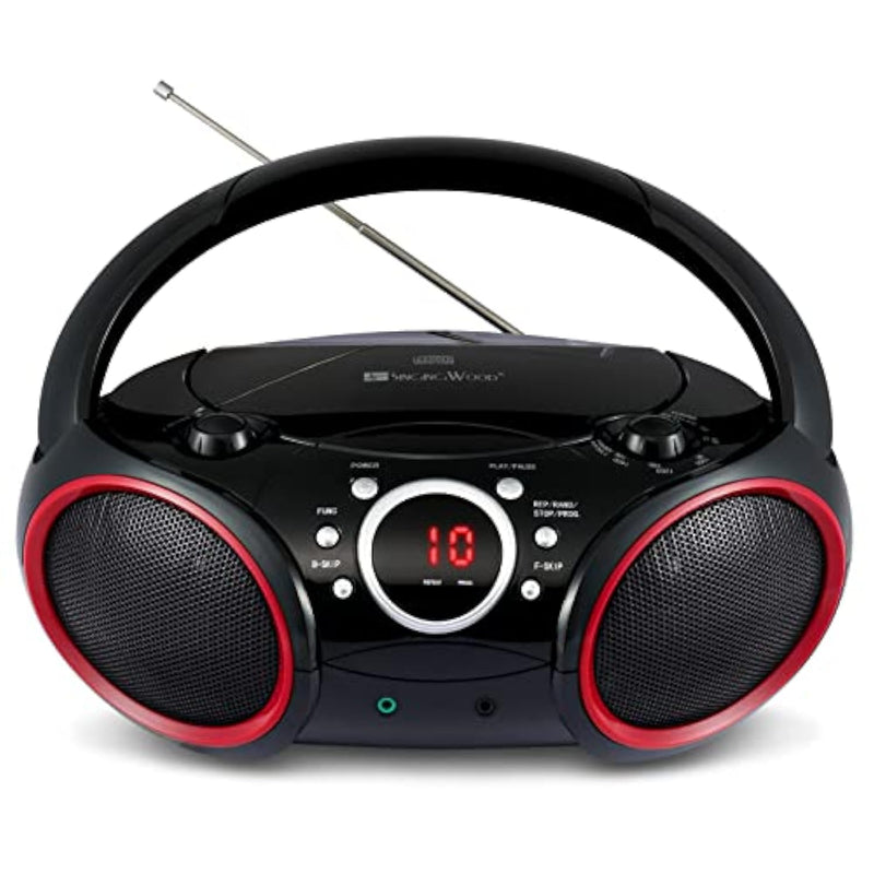 030C Portable Cd Player Boombox With Am Fm Stereo Radio, Aux Line In, Headphone Jack, Supported Ac Or Battery Powered (Black With A Touch Of Red Rims)