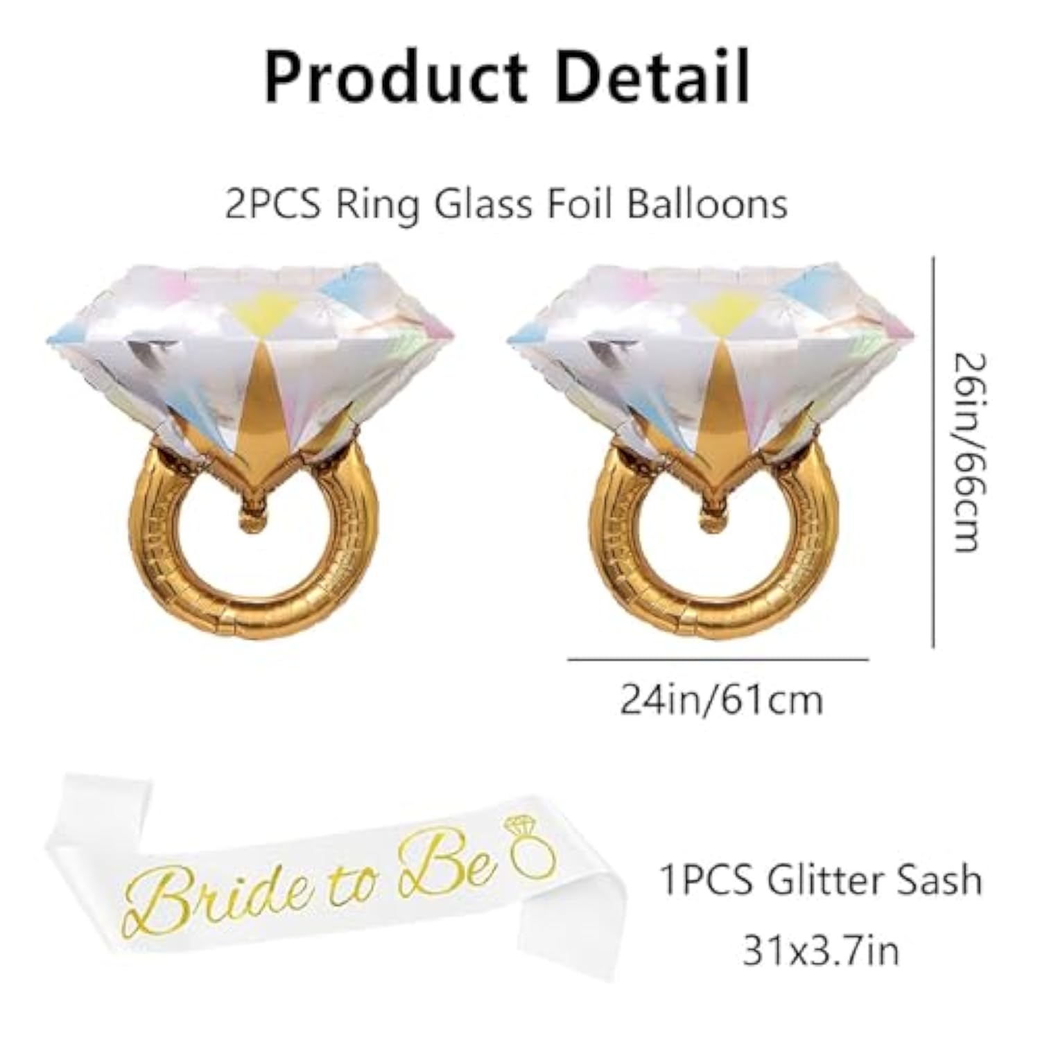 Bride To Be Sash & 2Pc 26" Diamond Ring Foil Balloons for Bachelorette Party