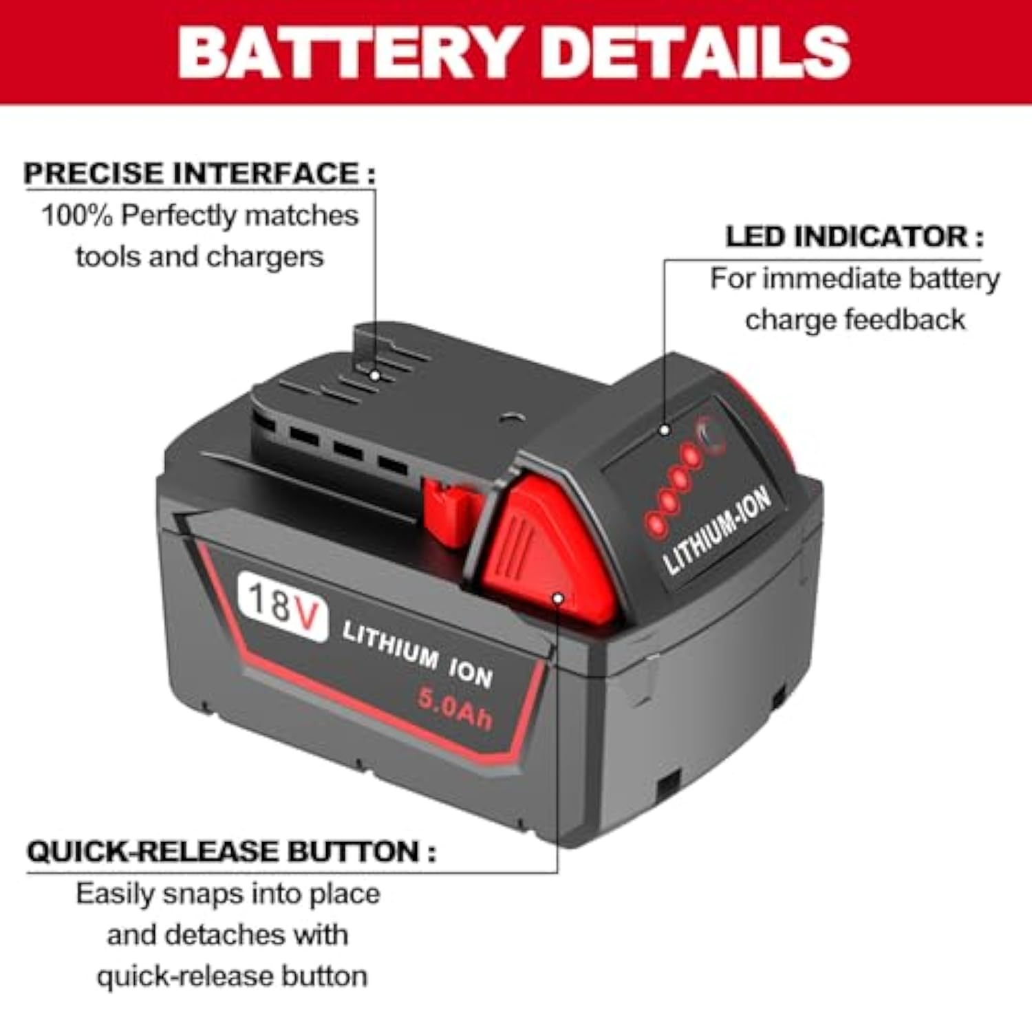 5.0Ah 18V Extended Battery Replacement for Milwaukee M18 Cordless Tools 2-Pack
