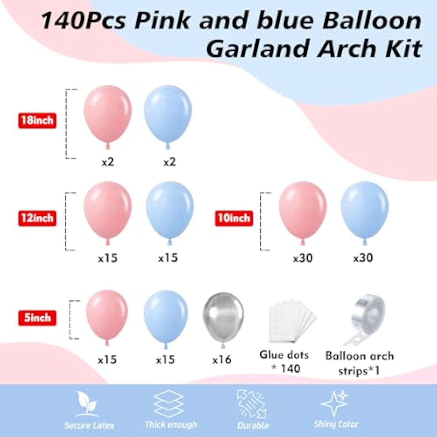 140Pcs Pink Blue Silver Balloon Arch Kit Gender Reveal & Baby Shower Party Decorations