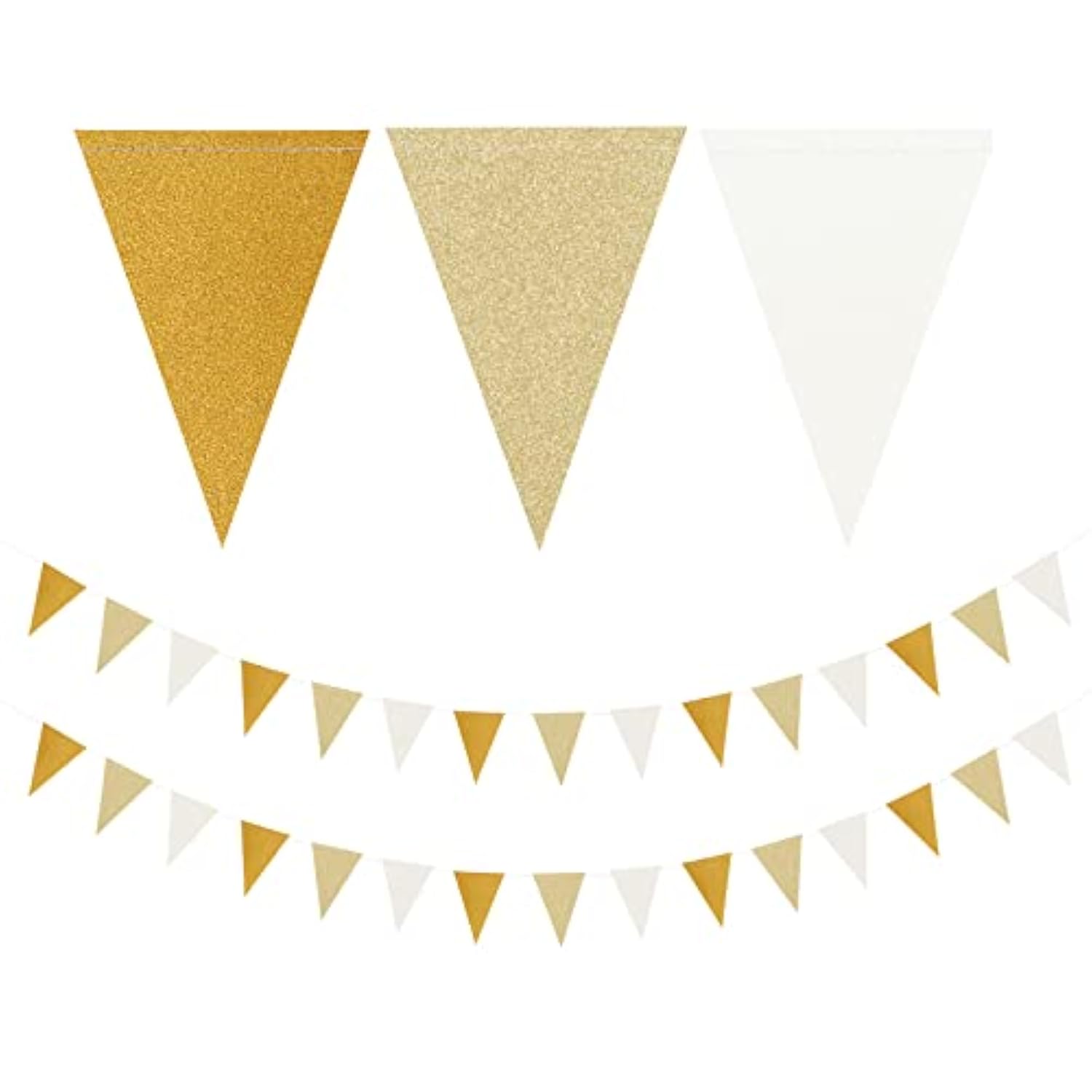 White-Gold Champagne Party-Decorations Banner,2 Pack Christmas Wedding Engagement Hanging Paper Triangle Pennant Flags Streamers,Bachelorette Neutral Baby Bridal Shower Supplies Decor