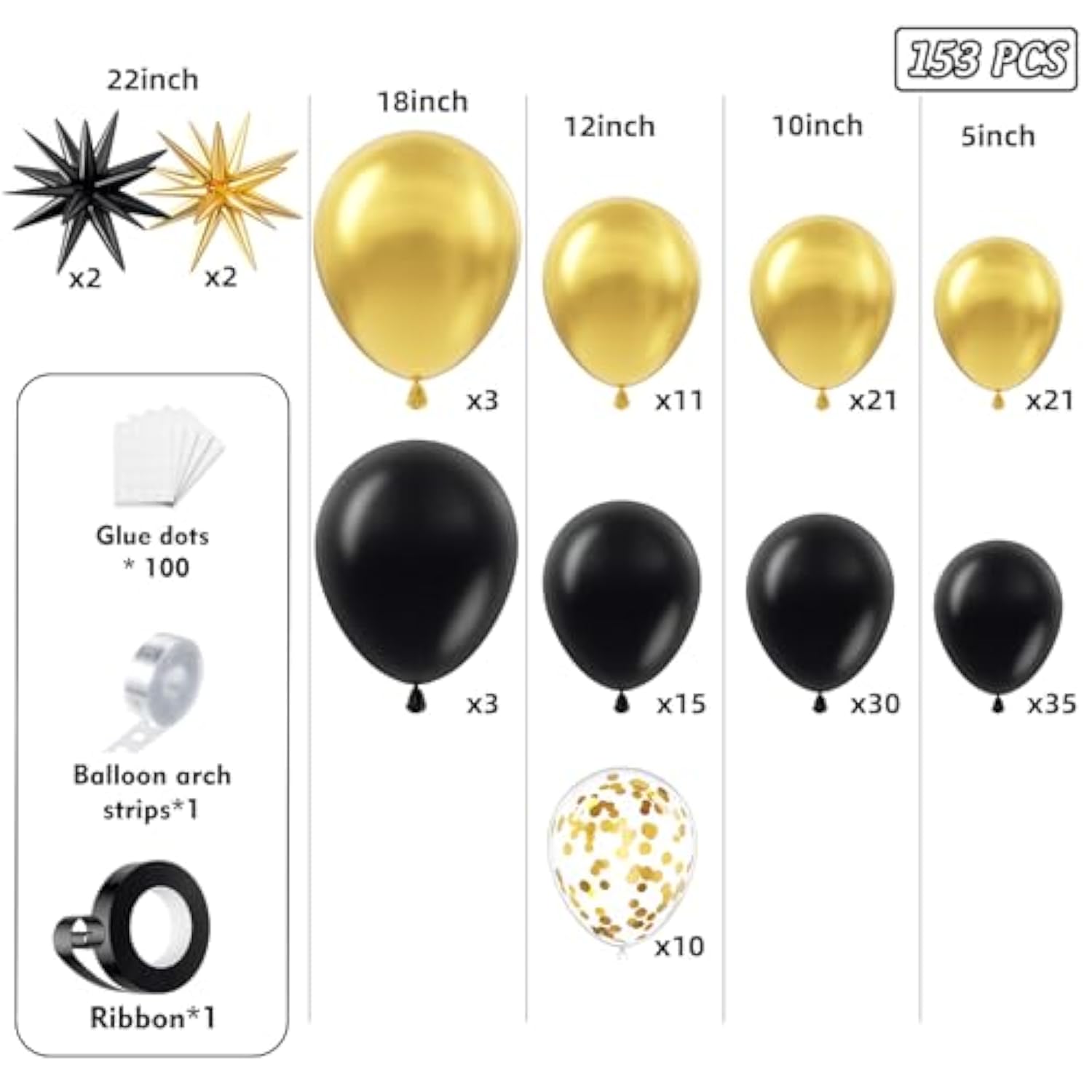 Black And Gold Balloon Arch Garland Kit 153Pcs With Star, 22 18 12 10 5In Different Size Black And Gold Confetti Latex Balloons For Birthday Anniversary Graduation New Year Party Decoration