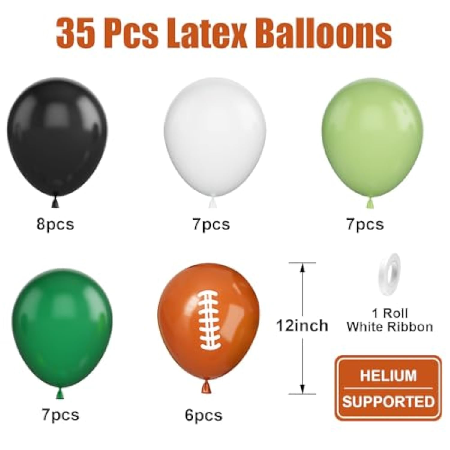 Football Party Balloons – 12" Green, Black, White & Brown Balloons for Sports Theme Decor