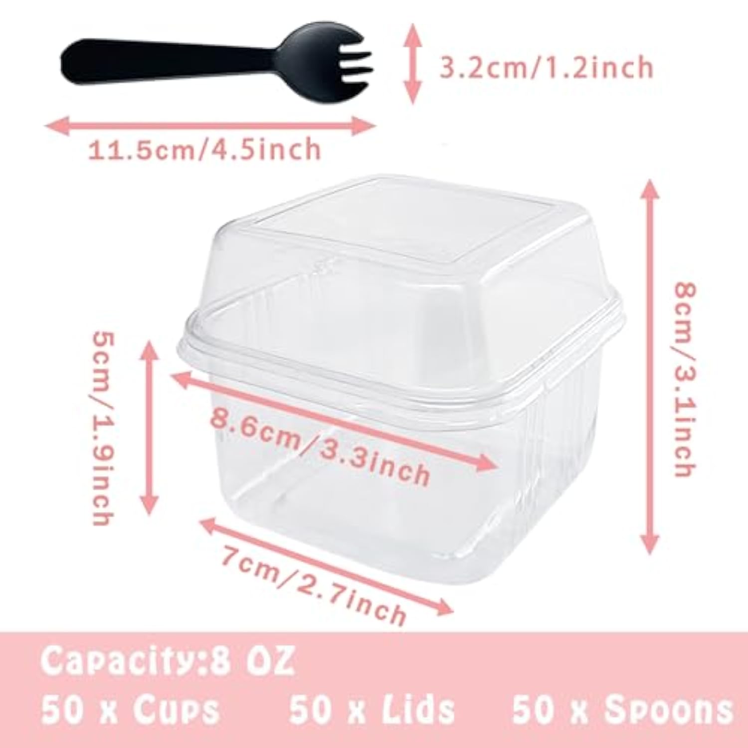 100Pcs 8Oz Plastic Dessert Cups With Lids And Spoons,Disposable Parfait Cup Square Cake Containers For Party Favor,Mousse,Yogurt,Pudding,Snacks,Fruits,50 Sets