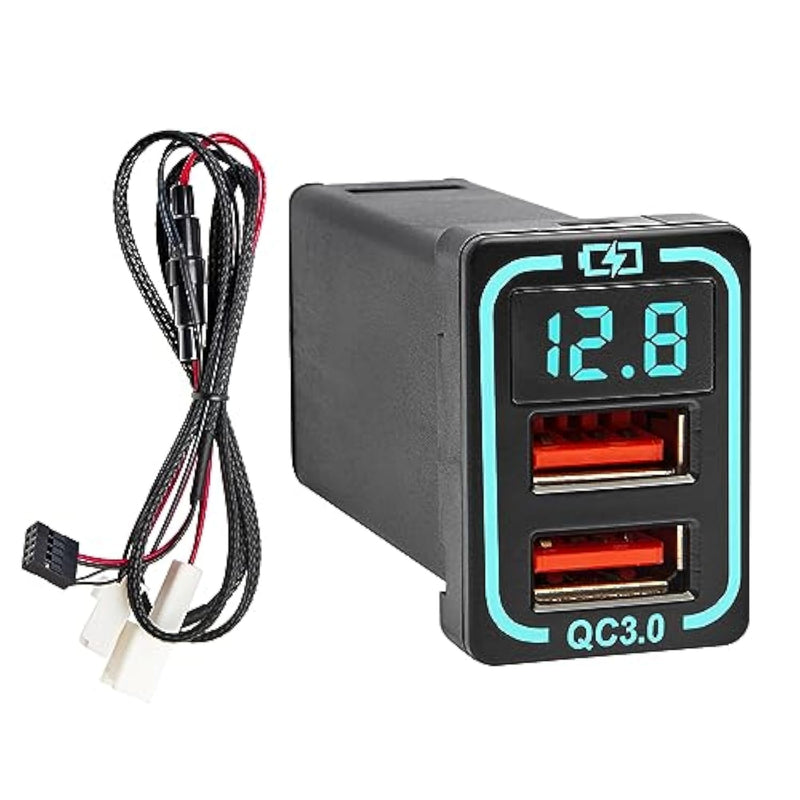 Qc3.0 Car Charger For Toyota, 18W Dual Usb Port Powered By Cigarette Lighter With Digital Voltmeter, Panel Flush Mount Usb Socket For Tundra Corolla Highlander, Vehicle Dash Port 1.34"X0.91"