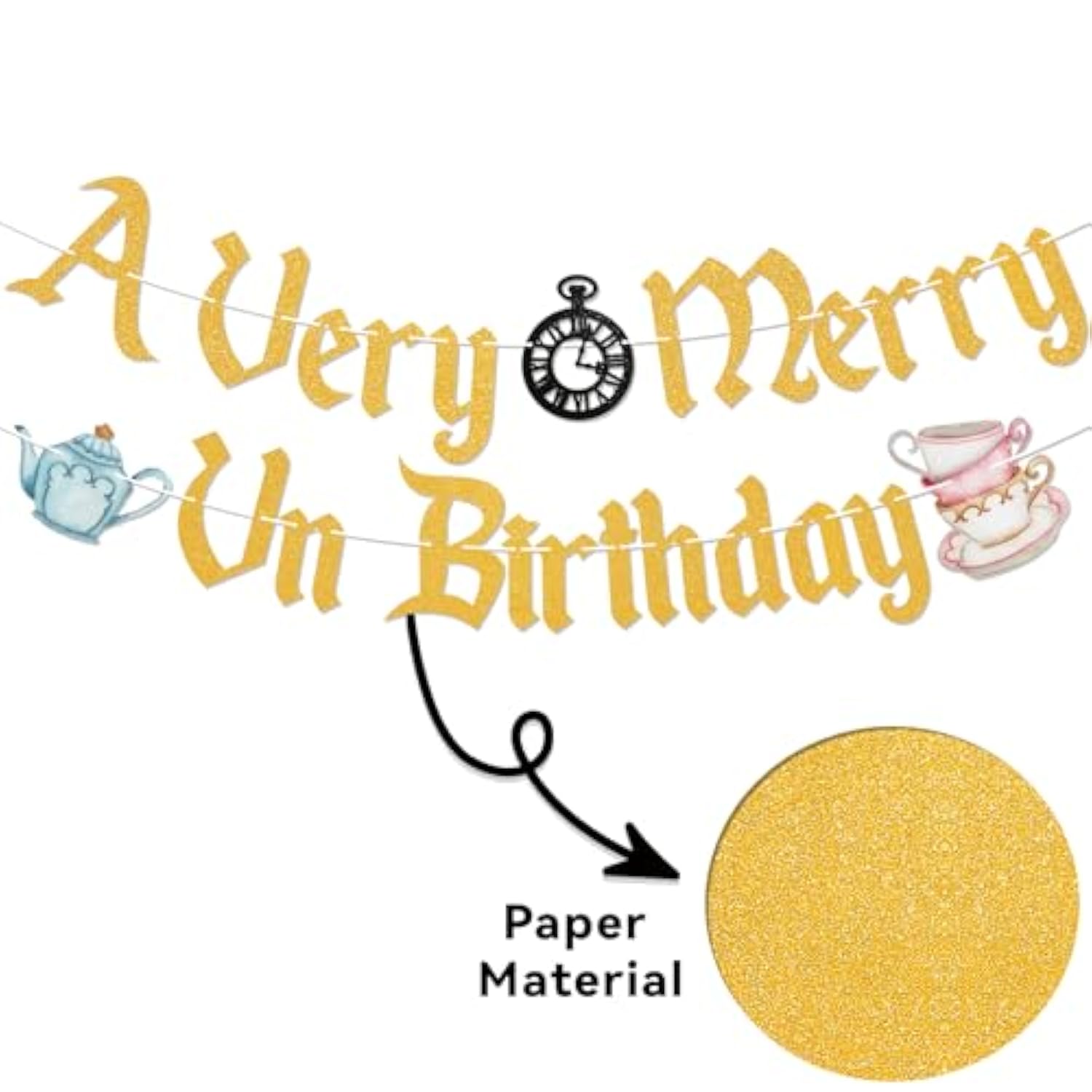 A Very Merry Unbirthday Banner – Gold Glitter Wonderland Party Decor