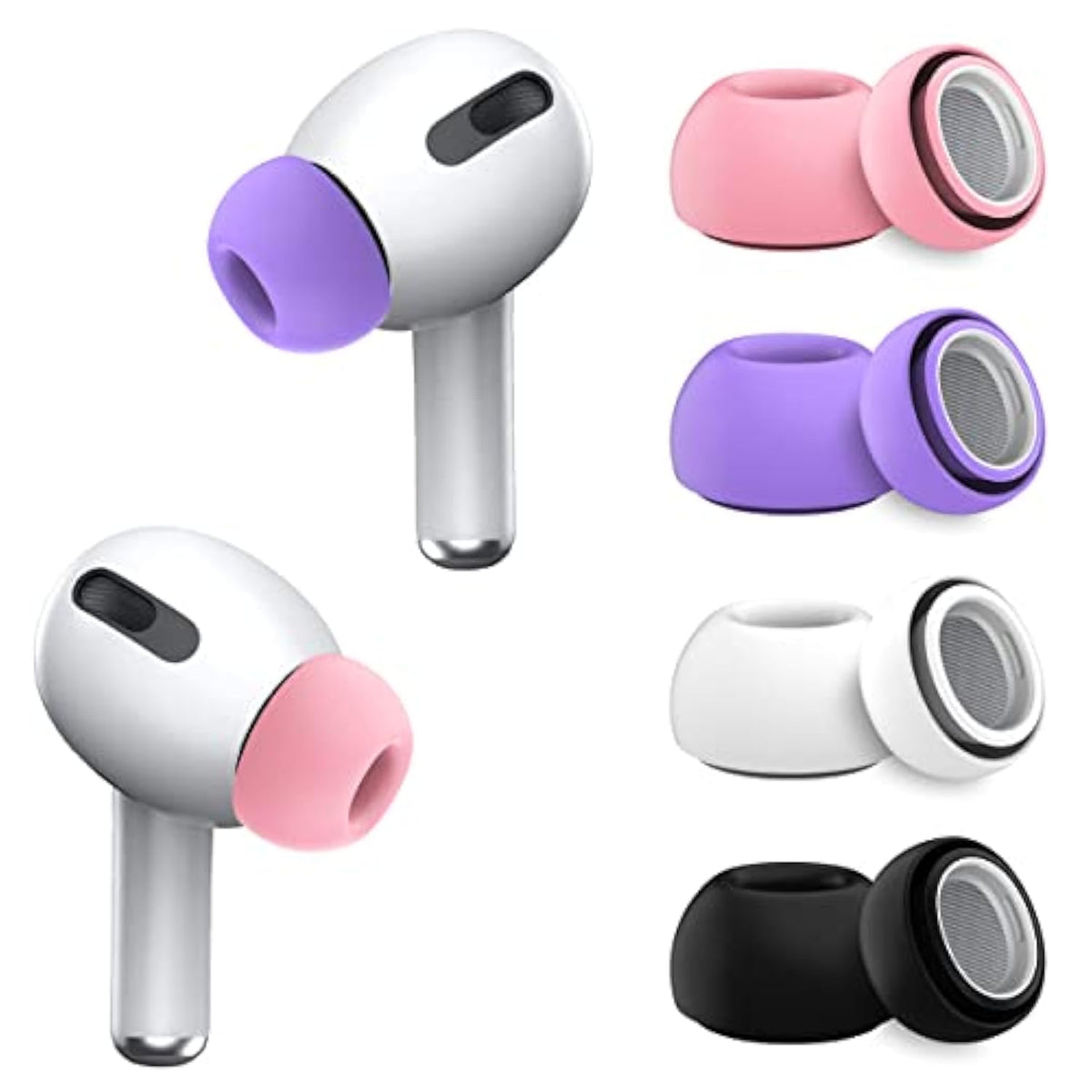 (4-Pairs) Eartips For Airpods Pro & Pro 2Nd Gen Ear Tips (4-Pairs) - Silicone, Anti-Slip - Fit In Charging Case (Black/White/Pink/Purple)
