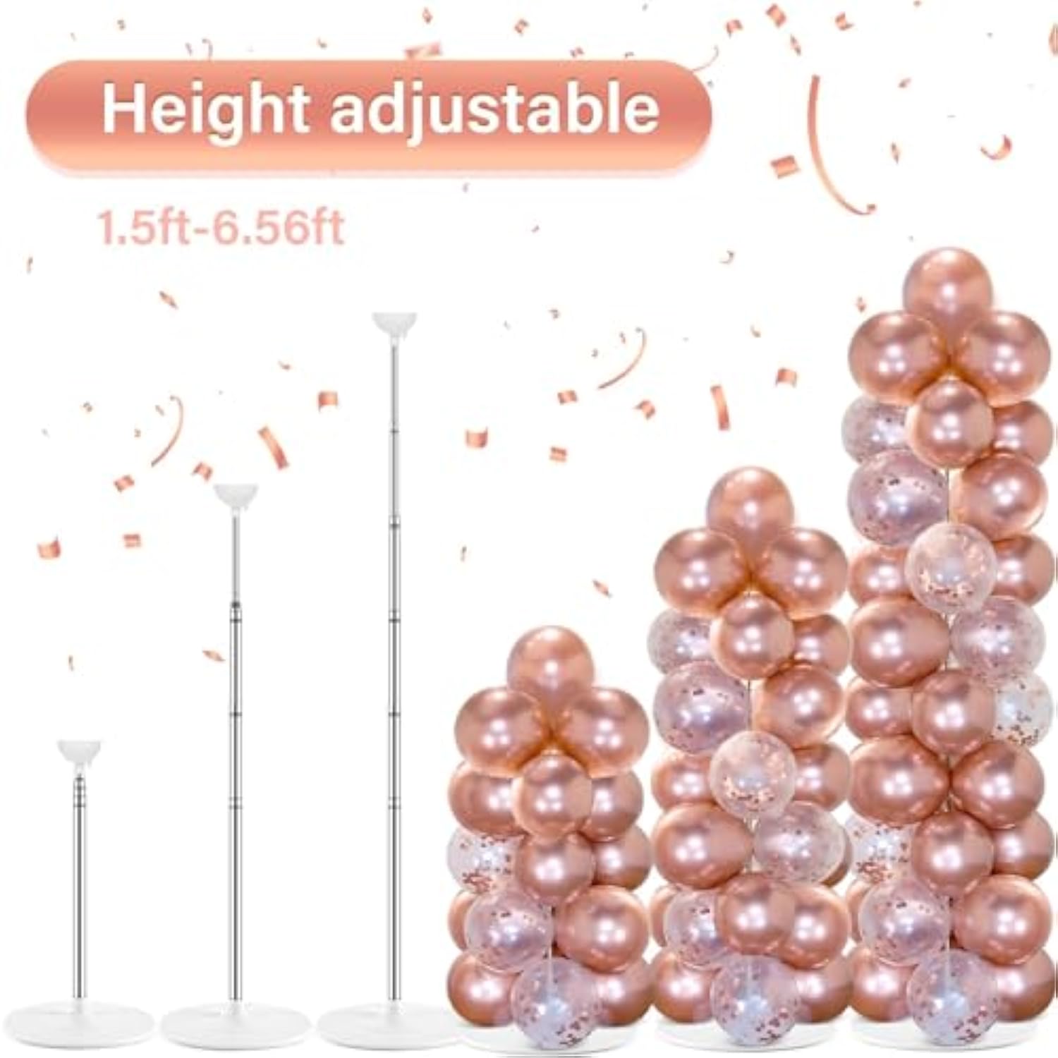 2 Sets Rose Gold Balloon Column Stand Kit With 100 Balloons Graduation Adjustable Tower Stand With Bases Floor Rose Gold Confetti Balloon Column Bridal Shower Bachelorette Birthday Wedding Party Decor